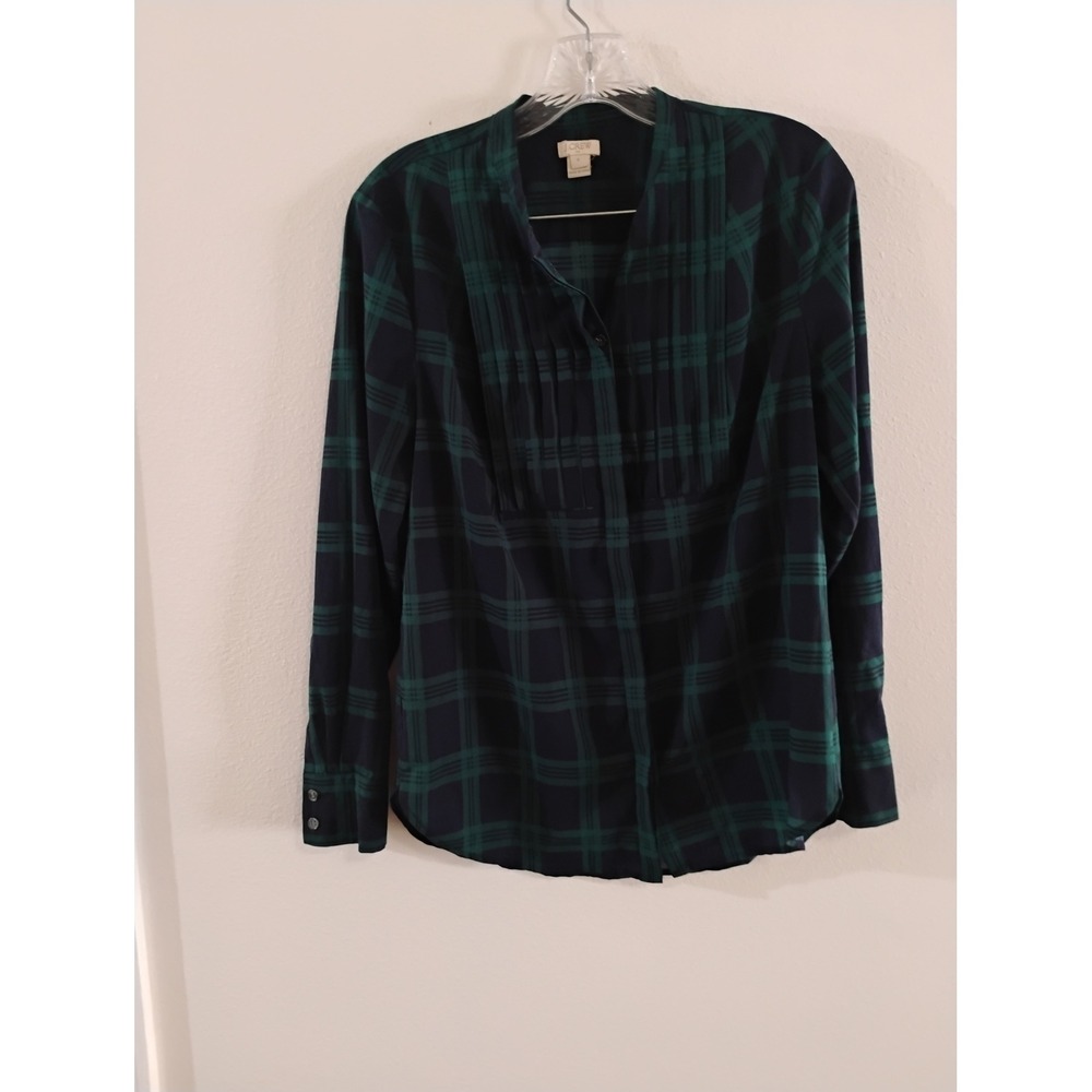 J.Crew Blackwatch Plaid Pleated Bib Blouse Navy Green Tartan Long Sleeve Small